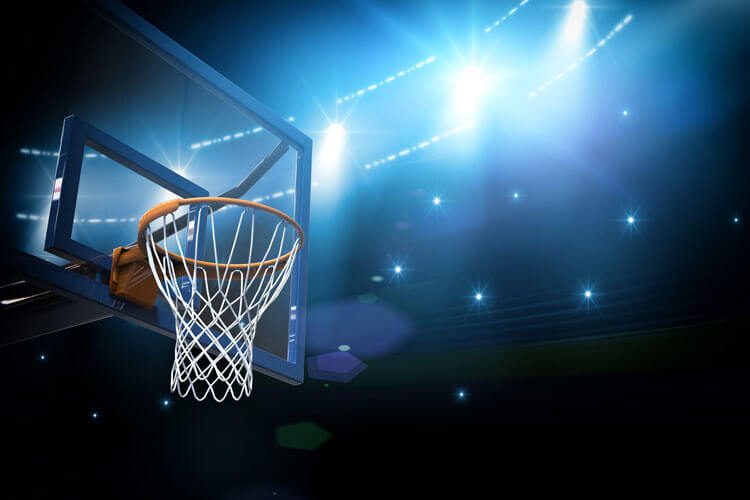 A basketball hoop in an NBA stadium.